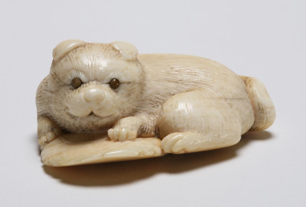 An image of Netsuke. A dog reclining on a large leaf, its eyes are inlaid with horn. Unknown carver, Japan. Ivory, carved, eyes inlaid, 1800-1850. Edo Period.
