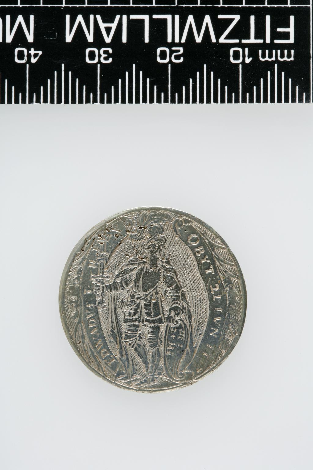 An image of Counter Box containing 32 countersCounter box. Silver, the box pierced, chased, and engraved, containing thirty-two engraved silver counters of English monarchs and their childrenCounter box. Silver, the box pierced, chased, and engraved; the counters engraved. The box is cylindrical with a detachable lid. The base is decorated with a bust of Queen Henrietta Maria in profile to left in low relief in an open oval medallion with pairs of inwards scrolls above and below, and S-scrolls on either side, with a cut away background. The top bears a bust of Charles I in profile to left in an open oval medallion surrounded by four paired scrolls with single scrolls between them, with a cut away background. The sides have two panels each containing pierced scrolling foliage and a monster. The counters are circular, and are engraved with monarchs and coats-of-arms respectively on the two sides: Prince Charles (d. 1130), Edward the Confessor, Willima I (2), William II, John, Edward I, Edward II, Edward III, Edward IV, Edward V, Edward VI, Henry I, Henry II, Henry III, Henry IV, Henry V, Henry VI (2), Henry VII, Henry VIII, Richard I, Richard II, Richard III, Mary I (2), Elizabeth I, Henry father of King James I and VI, James I and VI, Charles I, Elizabeth of Bohemia (his sister), Charles Louis Count of the Palatinate (her son)EnglishC.1640-50