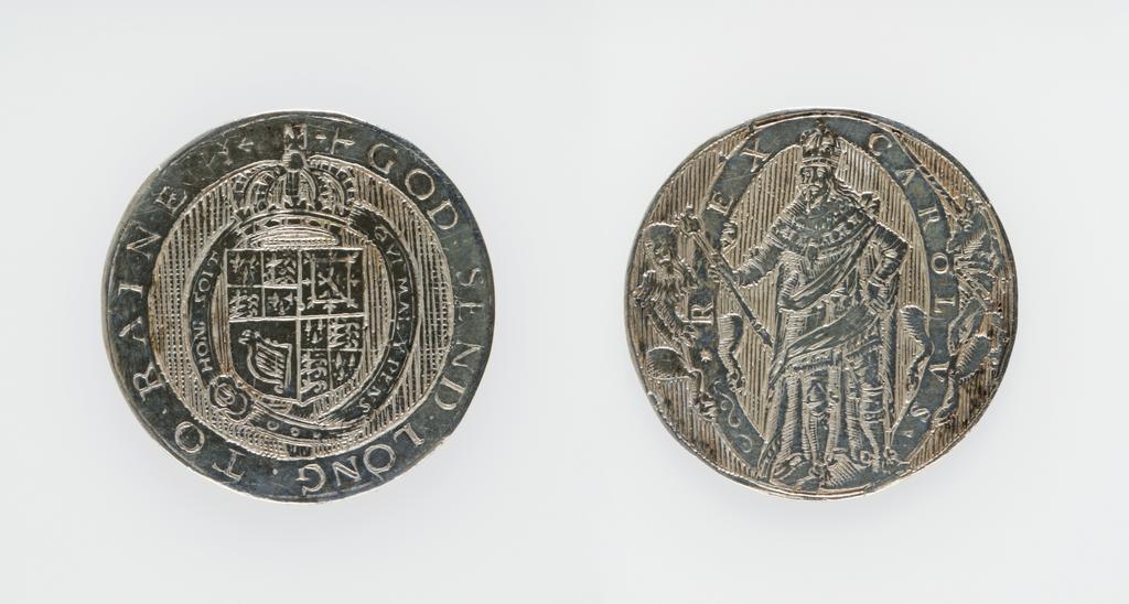 An image of Counter Box containing 32 countersCounter box. Silver, the box pierced, chased, and engraved, containing thirty-two engraved silver counters of English monarchs and their childrenCounter box. Silver, the box pierced, chased, and engraved; the counters engraved. The box is cylindrical with a detachable lid. The base is decorated with a bust of Queen Henrietta Maria in profile to left in low relief in an open oval medallion with pairs of inwards scrolls above and below, and S-scrolls on either side, with a cut away background. The top bears a bust of Charles I in profile to left in an open oval medallion surrounded by four paired scrolls with single scrolls between them, with a cut away background. The sides have two panels each containing pierced scrolling foliage and a monster. The counters are circular, and are engraved with monarchs and coats-of-arms respectively on the two sides: Prince Charles (d. 1130), Edward the Confessor, Willima I (2), William II, John, Edward I, Edward II, Edward III, Edward IV, Edward V, Edward VI, Henry I, Henry II, Henry III, Henry IV, Henry V, Henry VI (2), Henry VII, Henry VIII, Richard I, Richard II, Richard III, Mary I (2), Elizabeth I, Henry father of King James I and VI, James I and VI, Charles I, Elizabeth of Bohemia (his sister), Charles Louis Count of the Palatinate (her son)EnglishC.1640-50