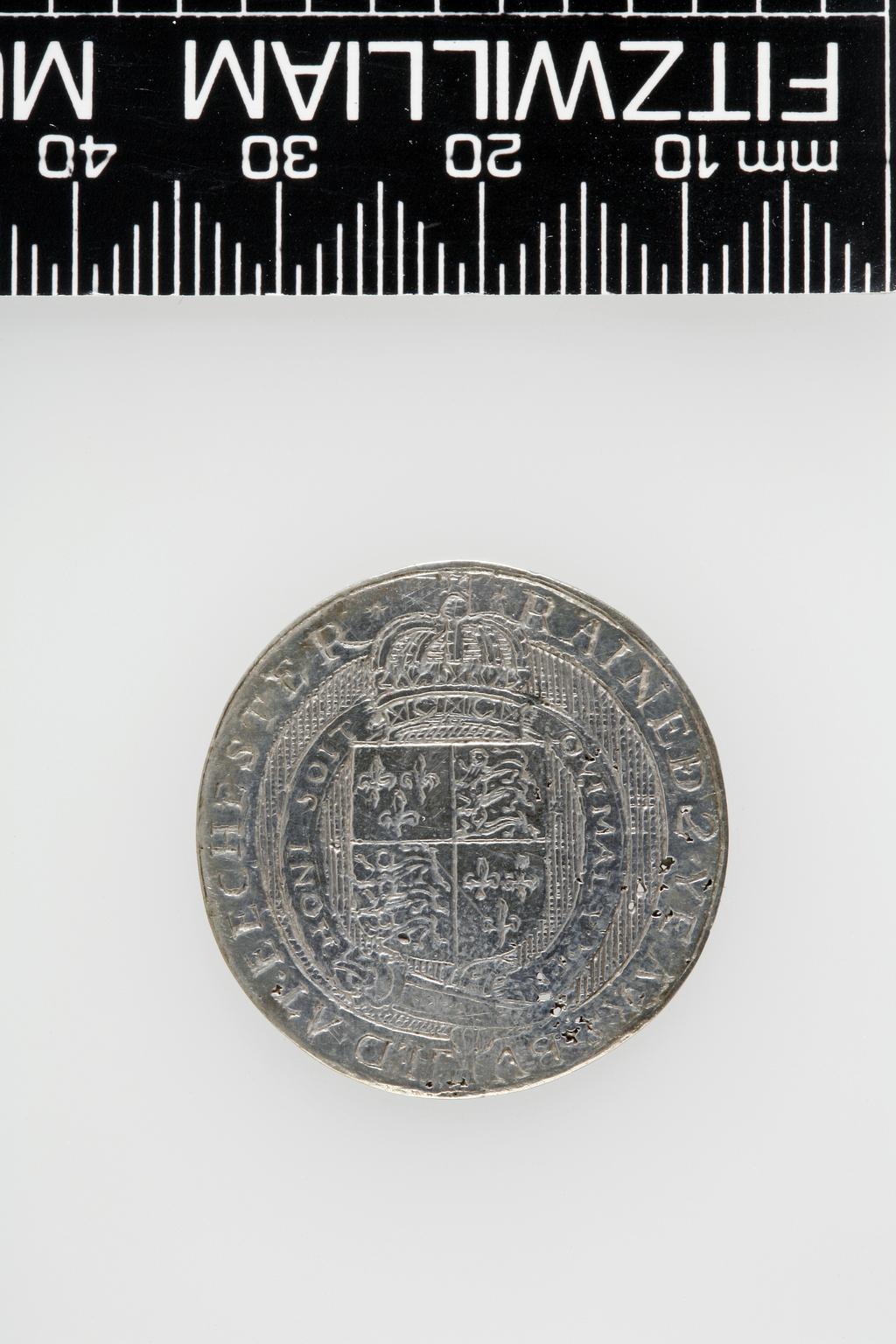 An image of Counter Box containing 32 countersCounter box. Silver, the box pierced, chased, and engraved, containing thirty-two engraved silver counters of English monarchs and their childrenCounter box. Silver, the box pierced, chased, and engraved; the counters engraved. The box is cylindrical with a detachable lid. The base is decorated with a bust of Queen Henrietta Maria in profile to left in low relief in an open oval medallion with pairs of inwards scrolls above and below, and S-scrolls on either side, with a cut away background. The top bears a bust of Charles I in profile to left in an open oval medallion surrounded by four paired scrolls with single scrolls between them, with a cut away background. The sides have two panels each containing pierced scrolling foliage and a monster. The counters are circular, and are engraved with monarchs and coats-of-arms respectively on the two sides: Prince Charles (d. 1130), Edward the Confessor, Willima I (2), William II, John, Edward I, Edward II, Edward III, Edward IV, Edward V, Edward VI, Henry I, Henry II, Henry III, Henry IV, Henry V, Henry VI (2), Henry VII, Henry VIII, Richard I, Richard II, Richard III, Mary I (2), Elizabeth I, Henry father of King James I and VI, James I and VI, Charles I, Elizabeth of Bohemia (his sister), Charles Louis Count of the Palatinate (her son)EnglishC.1640-50