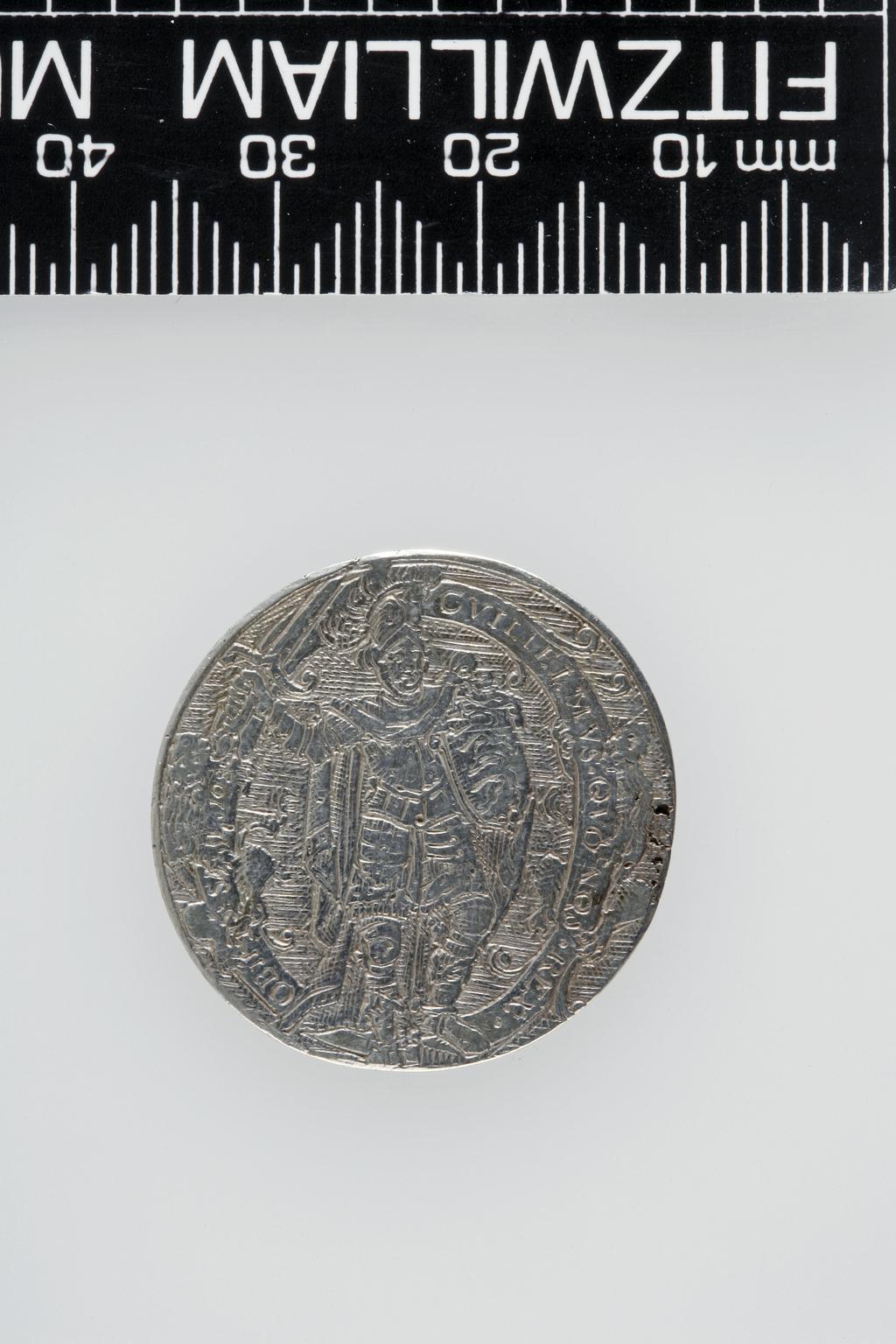 An image of Counter Box containing 32 countersCounter box. Silver, the box pierced, chased, and engraved, containing thirty-two engraved silver counters of English monarchs and their childrenCounter box. Silver, the box pierced, chased, and engraved; the counters engraved. The box is cylindrical with a detachable lid. The base is decorated with a bust of Queen Henrietta Maria in profile to left in low relief in an open oval medallion with pairs of inwards scrolls above and below, and S-scrolls on either side, with a cut away background. The top bears a bust of Charles I in profile to left in an open oval medallion surrounded by four paired scrolls with single scrolls between them, with a cut away background. The sides have two panels each containing pierced scrolling foliage and a monster. The counters are circular, and are engraved with monarchs and coats-of-arms respectively on the two sides: Prince Charles (d. 1130), Edward the Confessor, Willima I (2), William II, John, Edward I, Edward II, Edward III, Edward IV, Edward V, Edward VI, Henry I, Henry II, Henry III, Henry IV, Henry V, Henry VI (2), Henry VII, Henry VIII, Richard I, Richard II, Richard III, Mary I (2), Elizabeth I, Henry father of King James I and VI, James I and VI, Charles I, Elizabeth of Bohemia (his sister), Charles Louis Count of the Palatinate (her son)EnglishC.1640-50