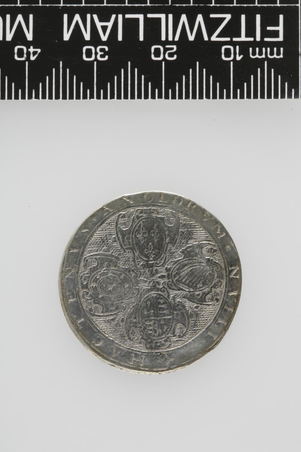 An image of Counter Box containing 32 countersCounter box. Silver, the box pierced, chased, and engraved, containing thirty-two engraved silver counters of English monarchs and their childrenCounter box. Silver, the box pierced, chased, and engraved; the counters engraved. The box is cylindrical with a detachable lid. The base is decorated with a bust of Queen Henrietta Maria in profile to left in low relief in an open oval medallion with pairs of inwards scrolls above and below, and S-scrolls on either side, with a cut away background. The top bears a bust of Charles I in profile to left in an open oval medallion surrounded by four paired scrolls with single scrolls between them, with a cut away background. The sides have two panels each containing pierced scrolling foliage and a monster. The counters are circular, and are engraved with monarchs and coats-of-arms respectively on the two sides: Prince Charles (d. 1130), Edward the Confessor, Willima I (2), William II, John, Edward I, Edward II, Edward III, Edward IV, Edward V, Edward VI, Henry I, Henry II, Henry III, Henry IV, Henry V, Henry VI (2), Henry VII, Henry VIII, Richard I, Richard II, Richard III, Mary I (2), Elizabeth I, Henry father of King James I and VI, James I and VI, Charles I, Elizabeth of Bohemia (his sister), Charles Louis Count of the Palatinate (her son)EnglishC.1640-50