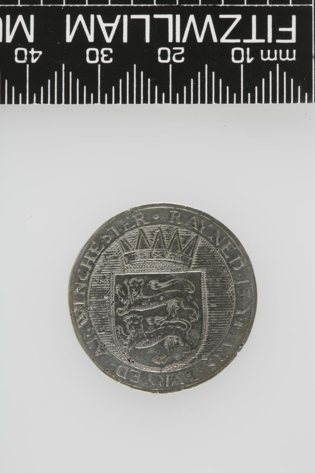 An image of Counter Box containing 32 countersCounter box. Silver, the box pierced, chased, and engraved, containing thirty-two engraved silver counters of English monarchs and their childrenCounter box. Silver, the box pierced, chased, and engraved; the counters engraved. The box is cylindrical with a detachable lid. The base is decorated with a bust of Queen Henrietta Maria in profile to left in low relief in an open oval medallion with pairs of inwards scrolls above and below, and S-scrolls on either side, with a cut away background. The top bears a bust of Charles I in profile to left in an open oval medallion surrounded by four paired scrolls with single scrolls between them, with a cut away background. The sides have two panels each containing pierced scrolling foliage and a monster. The counters are circular, and are engraved with monarchs and coats-of-arms respectively on the two sides: Prince Charles (d. 1130), Edward the Confessor, Willima I (2), William II, John, Edward I, Edward II, Edward III, Edward IV, Edward V, Edward VI, Henry I, Henry II, Henry III, Henry IV, Henry V, Henry VI (2), Henry VII, Henry VIII, Richard I, Richard II, Richard III, Mary I (2), Elizabeth I, Henry father of King James I and VI, James I and VI, Charles I, Elizabeth of Bohemia (his sister), Charles Louis Count of the Palatinate (her son)EnglishC.1640-50