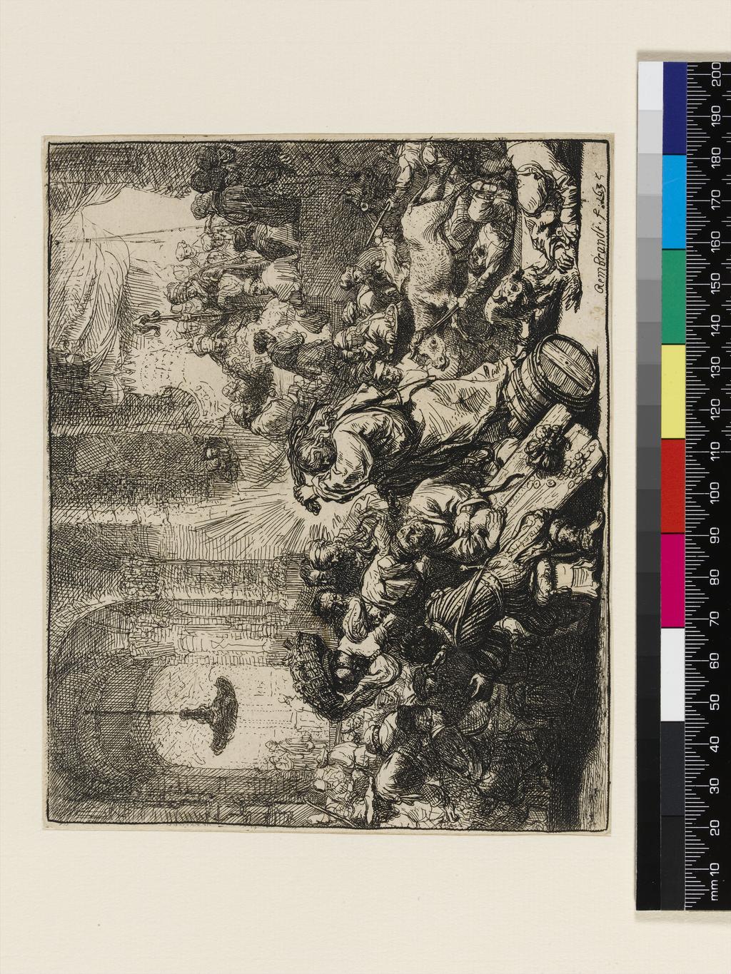 An image of Christ driving the money changers from the Temple. Rembrandt Harmensz. van Rijn (Dutch, 1606-1669). Etching, black carbon ink on laid paper, height, plate, 136 mm, width, plate, 167 mm; height, sheet, 137 mm, width, sheet, 169 mm, 1635. Production Note: State II/II. Alternative Number(s): Hollstein (Dutch/Flemish); B69 II/II. Biörklund/Barnard; BB35-B III/III.