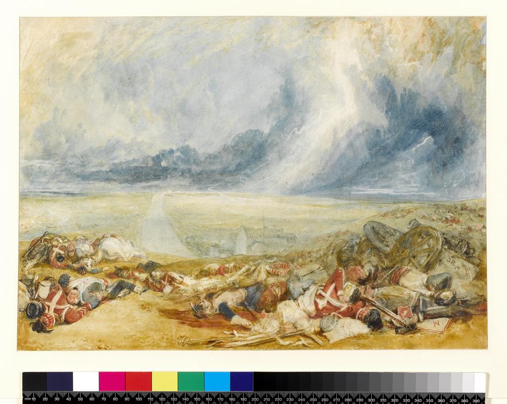 An image of The Field of Waterloo. Turner, Joseph Mallord William (British, 1775-1851). Watercolour over graphite with scratching out on paper, height 288 mm, width 405 mm, c.1817.
