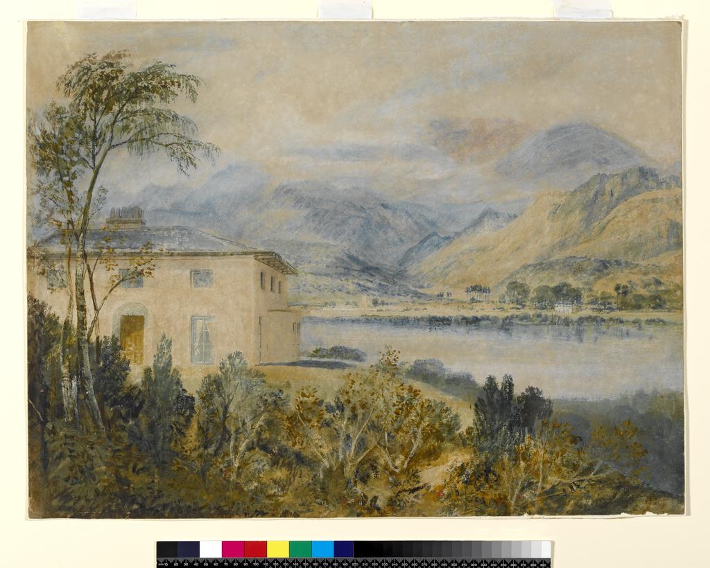 An image of Coniston Water with Tent Lodge. Turner, Joseph Mallord William (British, 1775-1851). Watercolour and bodycolour on grey paper, faded. 1818.
