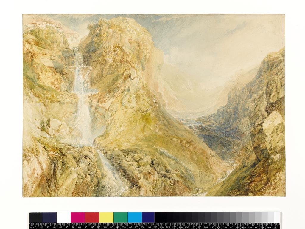 An image of Mossdale Fall. Turner, Joseph Mallord William (British, 1775-1851). Watercolour over graphite with scratching out on paper, height 291 mm, width 418 mm, 1816-1818.