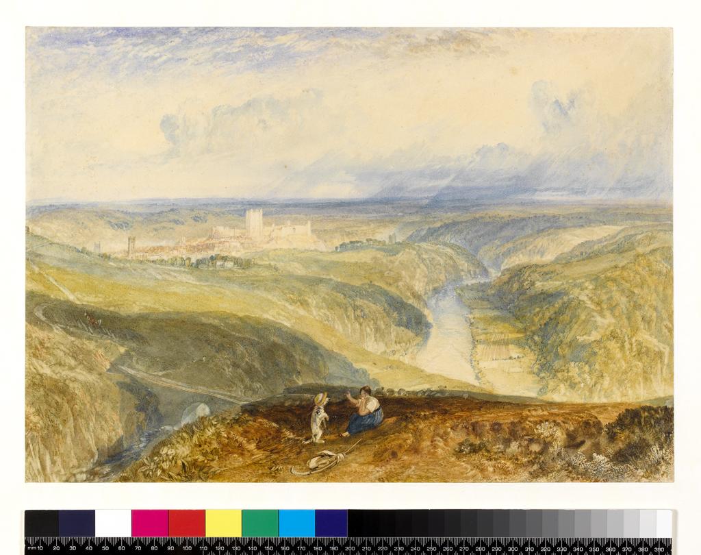 An image of Richmond, Yorkshire. Turner, Joseph Mallord William (British, 1775-1851). Watercolour over graphite with gum arabic on paper, height 280 mm, width 400 mm, 1826-1828.