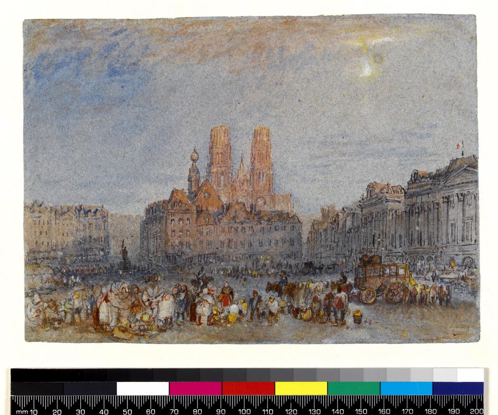 An image of Orléans, Twilight. Turner, Joseph Mallord William (British, 1775-1851). Watercolour and bodycolour with pen, red and grey ink on blue paper, height 140 mm, width 195 mm, 1826-1831.