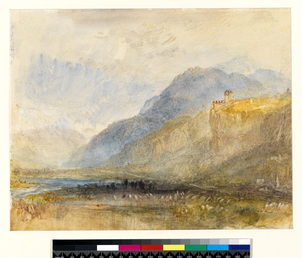 An image of Alpine landscape. Turner, Joseph Mallord William (British, 1775-1851). Watercolour over graphite with pen and red ink and scratching out on paper, height 228 mm, width 291 mm, 1841-1843.