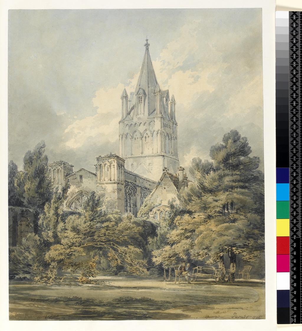 An image of Christ Church, Oxford. Turner, Joseph Mallord William (British, 1775-1851). Watercolour over graphite on paper, height 395 mm, width 320 mm, 1794.