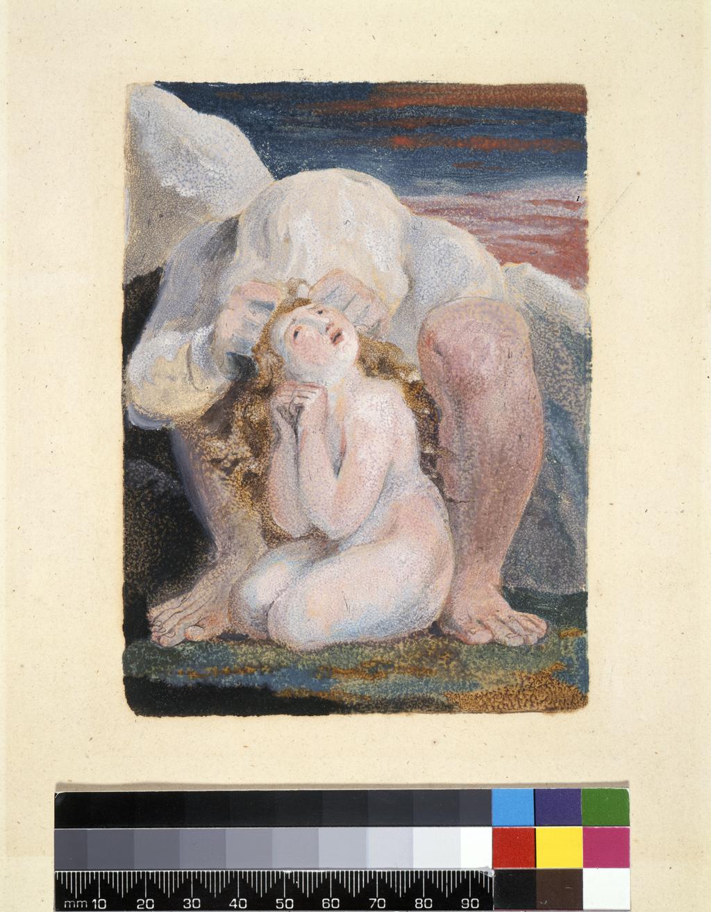 An image of Frontispiece, The Book of Ahania. Blake, William (British, 1757-1827). Etching, colour printing, coloured ink on paper, plate height 137 mm, plate width 100 mm; sheet height 283 mm, sheet width 233 mm, 1795. Production Notes: Frontispiece to the unique existing copy kept in the Library of Congress, Washington.