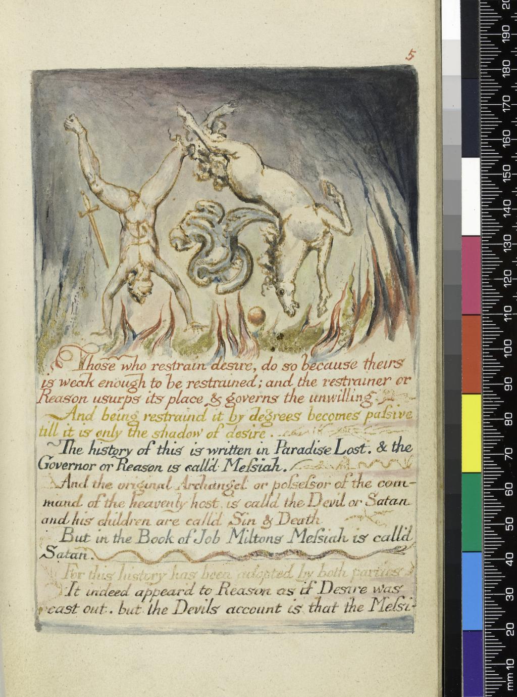 An image of Book/Print. The Marriage of Heaven and Hell. Page 5. Blake, William (British, 1757-1827). Relief etching, hand colouring and colour printing. Coloured ink and watercolour on paper, vellum binding with gilt decoration, height 202 mm, width 132 mm, circa 1808.
