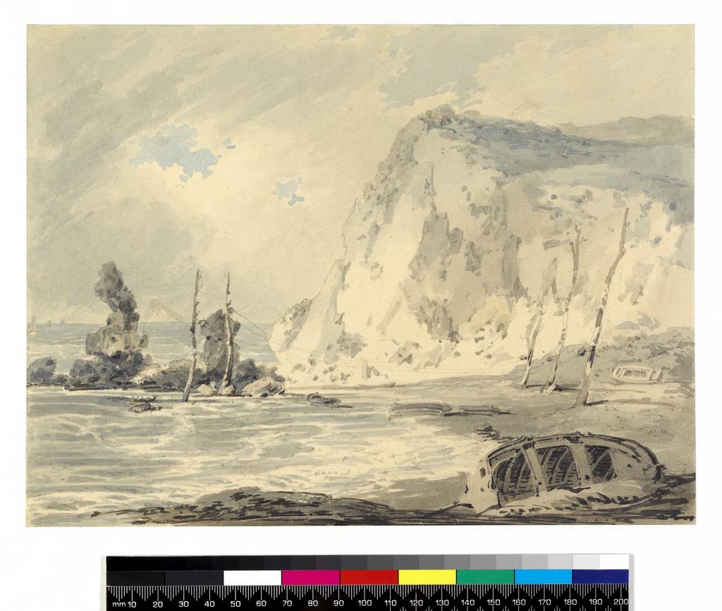 An image of Freshwater Bay, Isle of Wight. Turner, Joseph Mallord William (British, 1775-1851). Watercolour and ink over graphite with scratching out on paper, height 195 mm, width 260 mm, c. 1795.