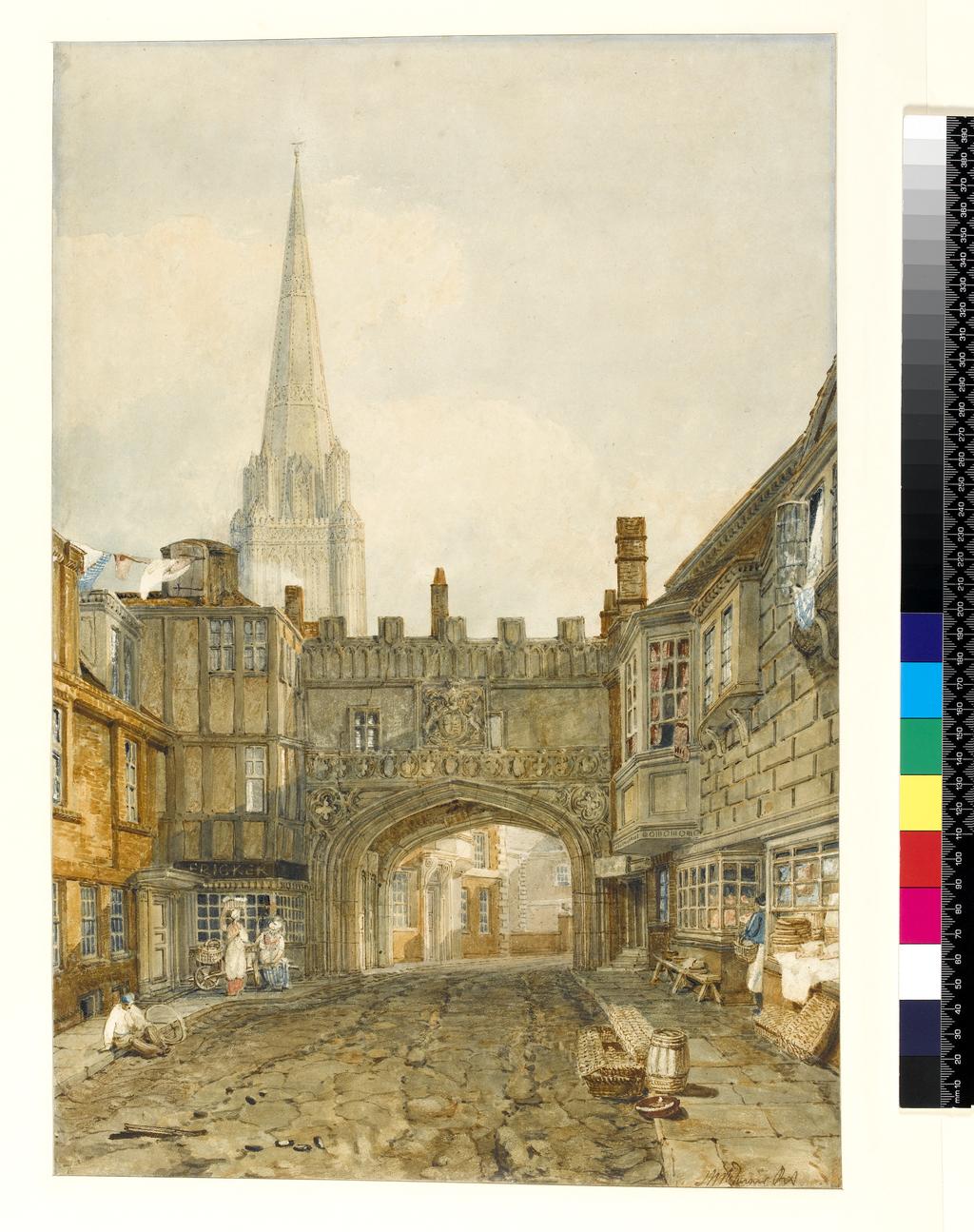 An image of Gateway to the Close, Salisbury. Turner, Joseph Mallord William (British, 1775-1851). Watercolour over graphite with gum arabic on paper, height 456 mm, width 315 mm, 1802.