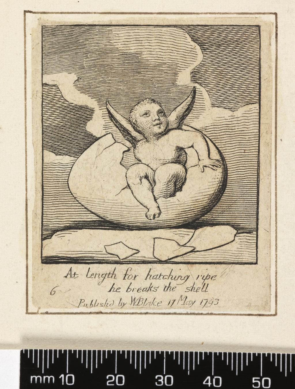 An image of Book. At Length for hatching ripe/ he breaks the shell. Plate 6, For the Sexes: The Gates of Paradise. Blake, William (British, 1757-1827). Line engraving, black carbon ink on paper. Binding; red leather with gold gilding. Height, plate, 64 mm, width, plate, 52 mm, height, sheet, 312 mm, width, sheet, 224 mm, circa 1793 to circa 1818. Production Note: Fourth state. Part of 16 plates bound together in a volume. Part of the reissue c.1818.