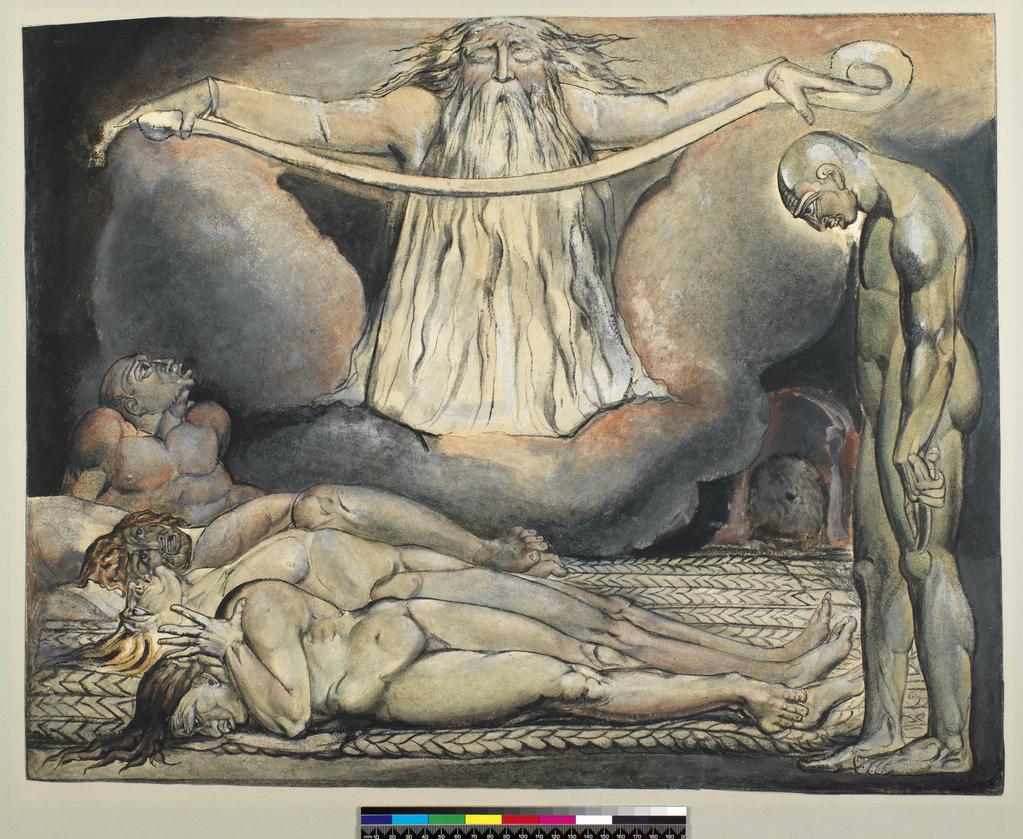 An image of The House of Death/The Lazar House. Blake, William (British, 1757-1827). Colour printed monotype, finished in black chalk, body colour, watercolour, point of the brush, Indian ink and heightened with white, height 479 mm, width 603 mm, circa 1795. The print illustrates Milton's 'Paradise Lost', XI, 477-93.