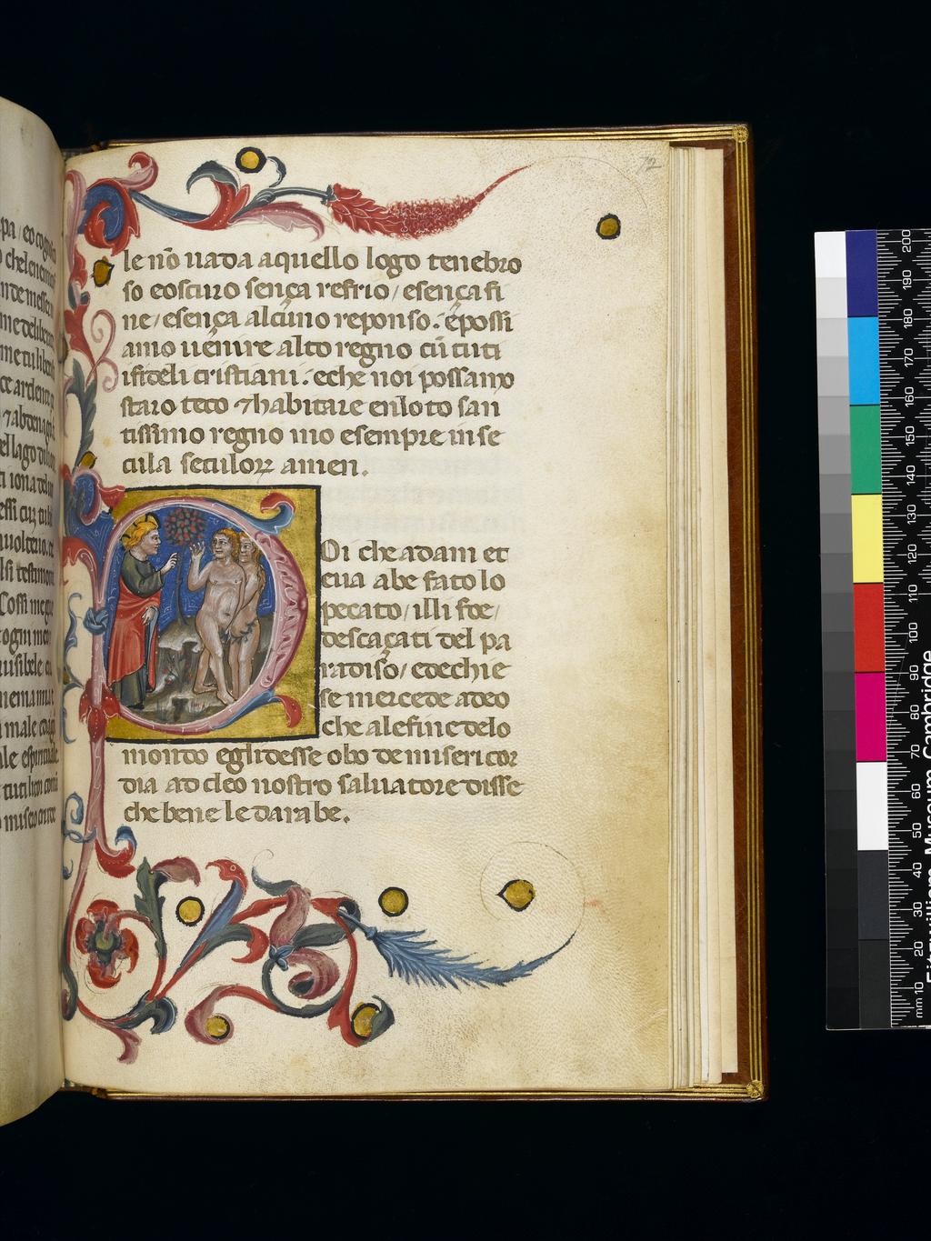 An image of Illuminated Manuscript. Annunciazione, nascità e miracoli di Cristo. Vendetta di Cristo; Story of the True Cross. Legenda de Susanna. Gothic bookhand (textualis). Production Place: Parchment, i modern paper flyleaf + i modern parchment flyleaf + 93 fols. (lower part of fol. 93 excised and replaced with modern parchment) + i modern parchment flyleaf + i modern paper flyleaf, 243 x 170 mm (outer margin of fols. 15, 16, 49, 50, 52, 53, 54 excised, now 243 x 130 mm) (145 x 100mm), 20 long lines, ruled in plummet, catchwords.BINDING: nineteenth century, gold-ruled brown leather over wooden boards, gilt edges, by C. Lewis (catalogue label pasted inside upper cover).CONTENTS. fols. 1r-48r Annunciazione, nascità e miracoli di Cristo, inc. Questa si listoria del angelo gabriele cum el anuncia la vergene maria. Uno temporale manda deo padre omnipotentefols. 48r-72r Vendetta di Cristo, inc. Nel tempo di Tiberio (Italian translation of the Vindicta salvatoris)fols. 72r-86r Story of the True Cross, inc. Poiche Adam et eva abe fato lo pecato)fols. 86v-93v Legenda de Susanna, inc. El e in la cita de babilionia un homo molto richo.DECORATION: Two miniatures [7 ll., half-column width], framed in pink, with borders of scrolling acanthus in dark red, blue and green with white highlighting and gold discs: fol. 1r Annunciation; fol. 86v Susannah and the Elders.Two historiated initials in pink on gold grounds, with similar borders: fol. 48r (zoomorphic initial) [N, 8 ll.], Betrayal of Christ; fol. 72r [P, 12 ll.], Expulsion of Adam and Eve from Paradise.ORNAMENTATION: Forty-three ornamental initials [2-3 ll.], pink on gold ground, occasionally blue on gold or gold on blue ground, all with partial borders of acanthus in red, blue, pink and green with gold discs, for all minor text divisions.