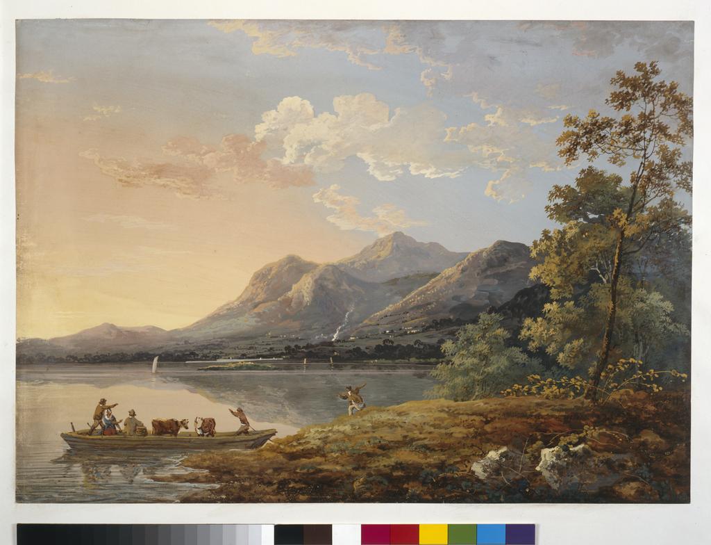 An image of View of Ferry, Keswick Lake. Laporte, John (British, 1761-1839). Gouache on prepared paper, height 373 mm, width 525 mm.