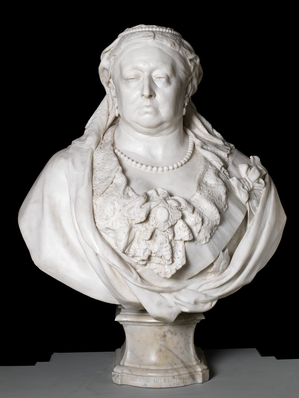 An image of Bust of Queen Victoria. Queen Victoria. Gilbert, Alfred (British, 1854-1934). Carved white marble, over life-sized bust. Signed. Sculpted white marble, height 86 cm, 1887-1889. Victorian.