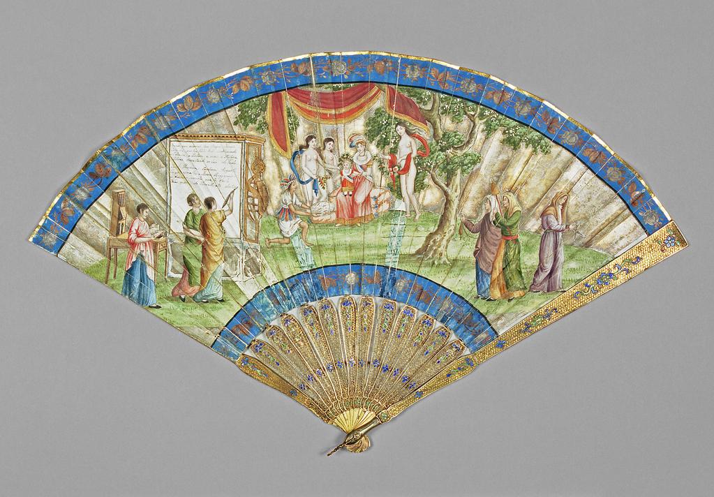 An image of Folding fan. The 'Braganza' fan. Unknown maker, China, leaf in Macao. Front: A Brasilian native offers a dish of gold nuggets and diamonds to the child of a princess of the house of Braganza, who is seated in the centre under an awning hanging from a tree, accompanied by three female nudes (perhaps the Graces). On the right, the three Fates, one holding a pair of scissors, one, a distaff and the third the spun wool with a cross-shaped spindle whorl below. On the far left a woman reading a book, stands beside a desk-cum-bookcase and two more are writing on a screen from which is suspended the arms of Portugal. The inscription reads: Gracas que adornao tua Regia Fronte/Virtudes qu tea Peito hao sublimado/A Poesea, a Pintura e mais a historia/Celebrao respectando as leis do Fedo/ [...]Princesa Carolina Augusta/Tu que cimaltaj o Throno Brigancino/O T acceta que te offerta/[...]do Brazil atto de [...]. Above and below, blue borders decorated with gold and silver leaves and flowers. Reverse: On a gold ground, the arms of Portugal superimposed on a globe, resting on the back of a white dove, flanked by hydrangea flowers and roses. Red borders above and below, decorated with gold foliate scrolls and flowers. Sticks and guards: Single blue and green flower heads and stylized leaf and flower sprays. Double paper leaf painted in water-colours, bodycolour, gold and silver. Gold paper binding on upper edge. Sticks and guards of silver-gilt ? filigree with enamelled decoration (12+2). Rivet of brass ? with twined wire loop. Length, guards, 32.1 cm, circa 1808- circa 1816. The sticks of the fan are probably later than the leaf (C. 1840), which appears to have been cut down at the sides to fit them. Messel-Rosse Collection. Production Note: Chinese for the Portuguese or Brazilian market. The house of Braganza was the ruling dynasty of Portugal from 1640 to 1910, and of the empire of Brazil from 1822 to 1889. On England's advice, the royal family left Lisbon for Brazil in 1807, just