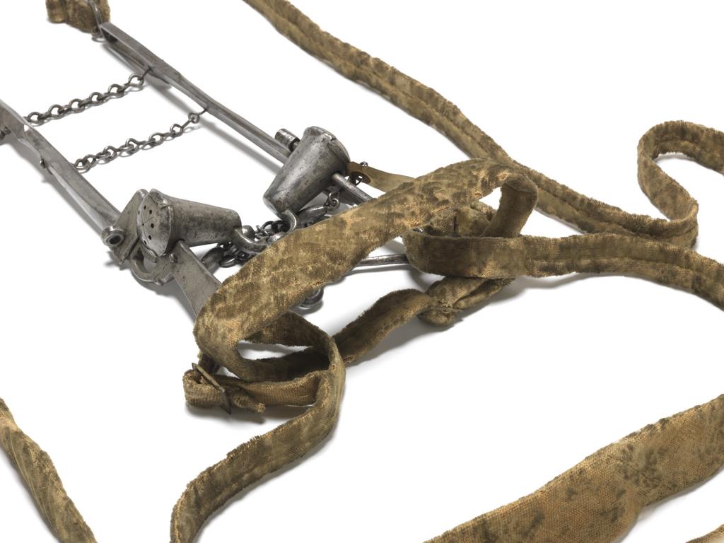 An image of Armour. Bridle component. Steel bit, with original bridle and reins covered with yellow velvet. Unknown production, Germany. Circa 1500-1550. POST-CONSERVATION.