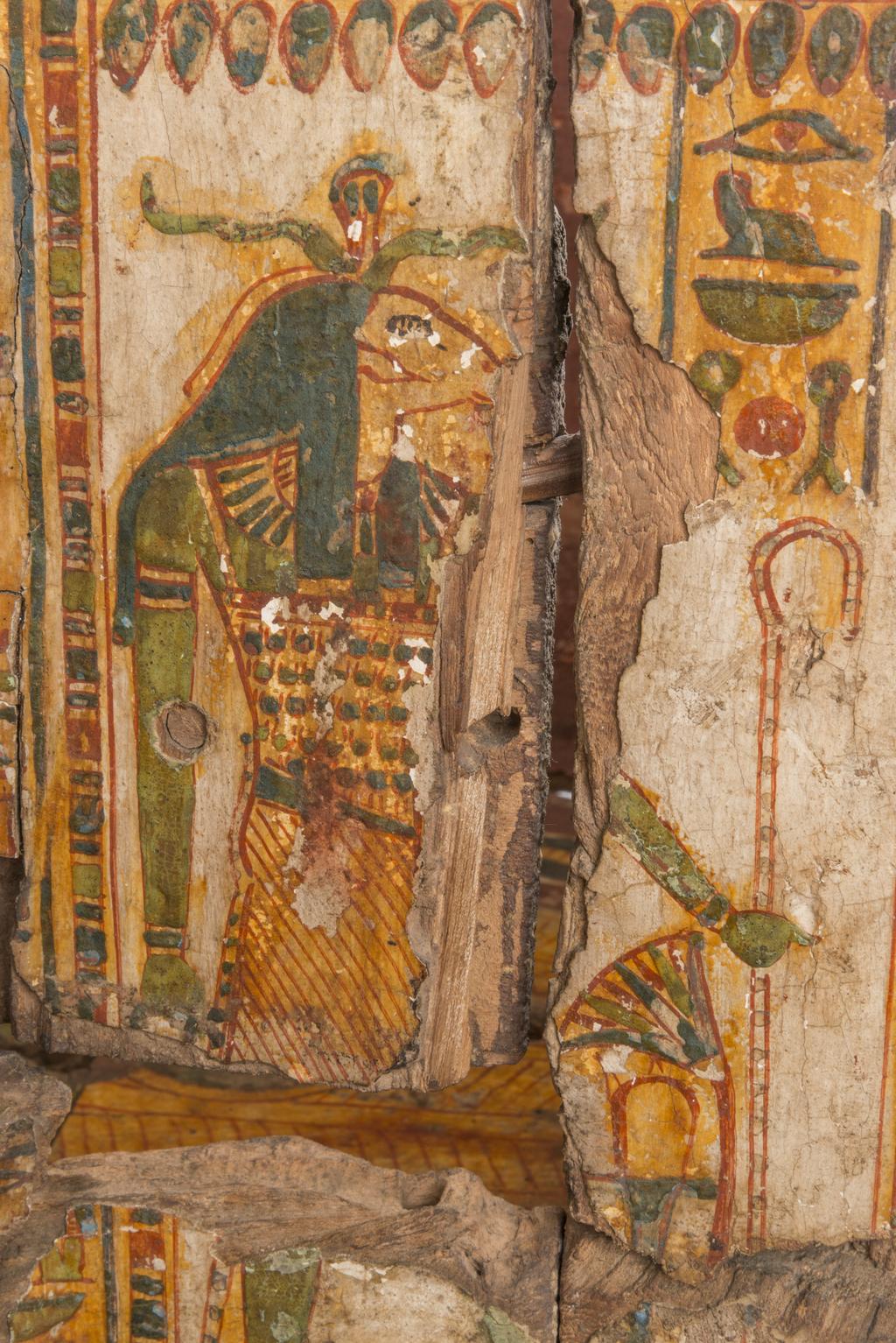 An image of Funerary equipment/ coffin. Coffins (2) and lid, of 'Chief of scribes of the temple of Amun Re, Nespawershefi'. Wood, depth, 49 cm, width 60 cm, length 206 cm, length 190 cm, length, lid, 179 cm. Production Place: Egypt. Find Spot: Thebes. Third Intermediate period, 1000 B.C.