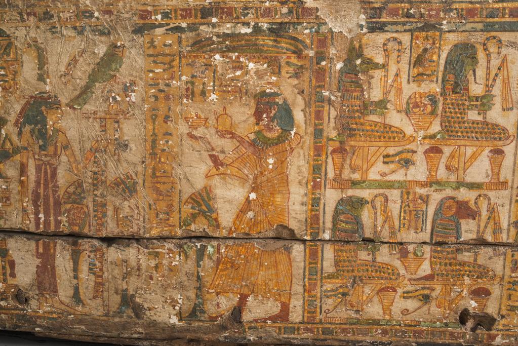 An image of Funerary equipment/ coffin. Coffins (2) and lid, of 'Chief of scribes of the temple of Amun Re, Nespawershefi'. Wood, depth, 49 cm, width 60 cm, length 206 cm, length 190 cm, length, lid, 179 cm. Production Place: Egypt. Find Spot: Thebes. Third Intermediate period, 1000 B.C.