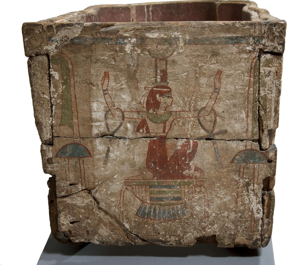 An image of Funerary equipment/ coffin. Coffins (2) and lid, of 'Chief of scribes of the temple of Amun Re, Nespawershefi'. Wood, depth, 49 cm, width 60 cm, length 206 cm, length 190 cm, length, lid, 179 cm. Production Place: Egypt. Find Spot: Thebes. Third Intermediate period, 1000 B.C.