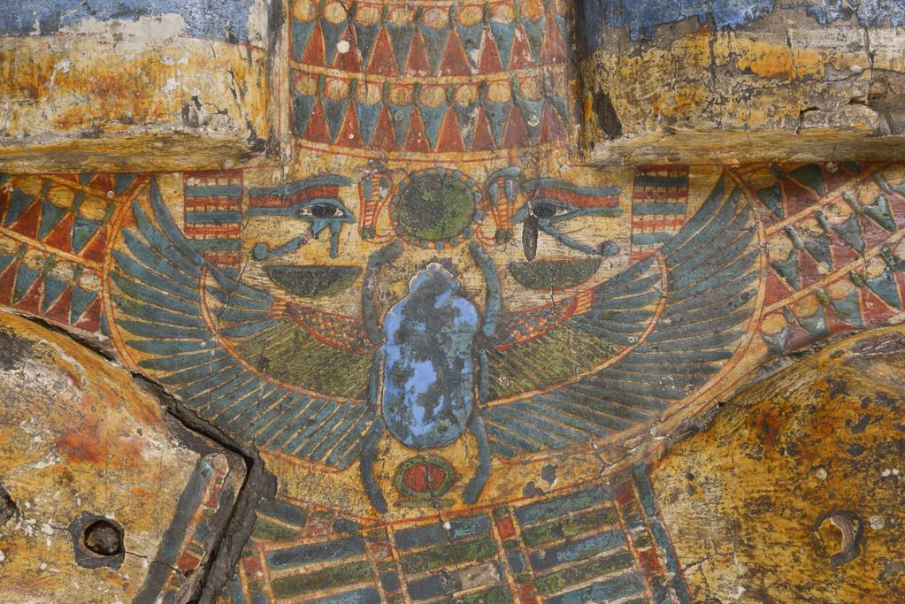 An image of Funerary equipment/ coffin. Coffins (2) and lid, of 'Chief of scribes of the temple of Amun Re, Nespawershefi'. Wood, depth, 49 cm, width 60 cm, length 206 cm, length 190 cm, length, lid, 179 cm. Production Place: Egypt. Find Spot: Thebes. Third Intermediate period, 1000 B.C.