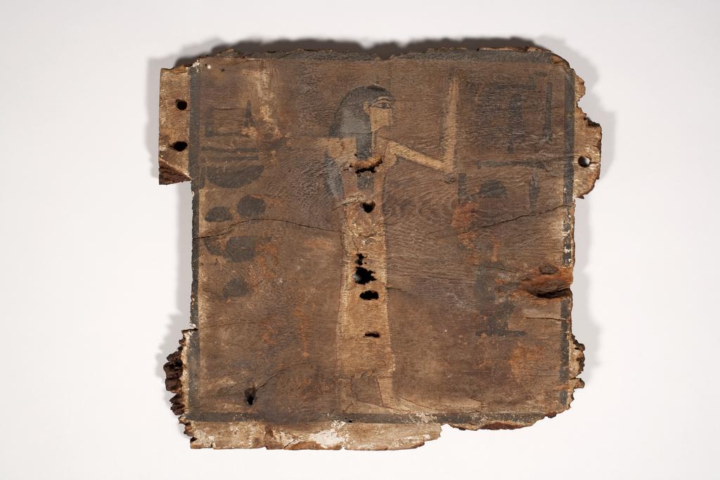 An image of Funerary Equipment. Coffin fragments, decorated. This coffin shows a procession of mourners, who consisted of friends, servants and family of the deceased. Unlike the Middle Kingdom eye coffins, where both eyes are shown on a single panel, this example only has one eye on each of the side panels. Production Place: Egypt, Find Spot: Arabah, el- Egypt. Wood, painted, height 39.3 cm, length 111.6 cm, 1580-1550 B.C. Previously attributed to Dynasty 13. Seventeenth Dynasty. Middle Kingdom.