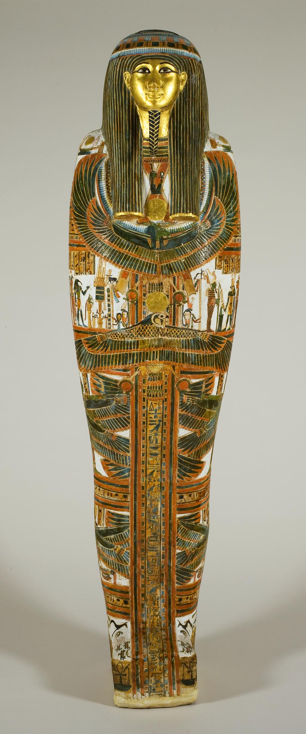 An image of Funerary equipment. Coffin, of the chief priest of Karnak, Nekht-ef-Mut. Production Place: Egypt. Find Spot: Ramesseum, Thebes, Egypt. Painted wood, depth 0.33 m, height 1.775 m, width 0.44 m, 924 to 889 B.C. Twenty-second Dynasty. Third Intermediate Period.