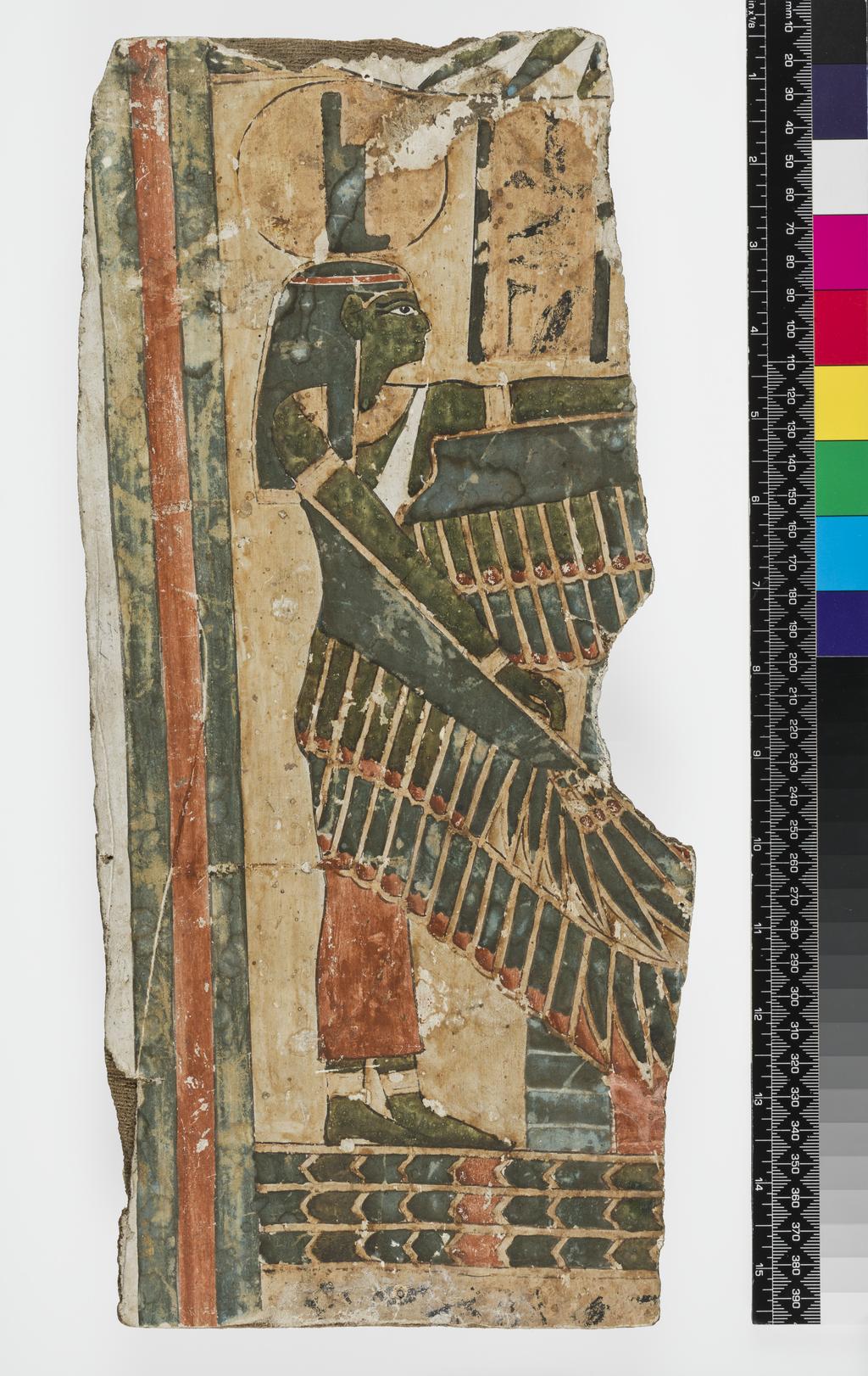 An image of Funerary Equipment. Cartonnage fragment, Isis with outstretched wings, inscribed. Production Place/Find Spot: Egypt. Width 14.4 cm, height 37.3 cm, thickness 0.5 cm, circa 945 B.C.
