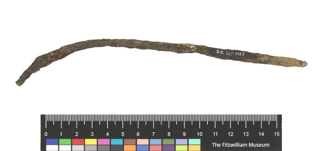 An image of Equipment. Utensil. Spit, used as money. Find Spot: Temple of Artemis Orthia, Sparta, Greece. Depth 0.006 m, width 0.19 m.