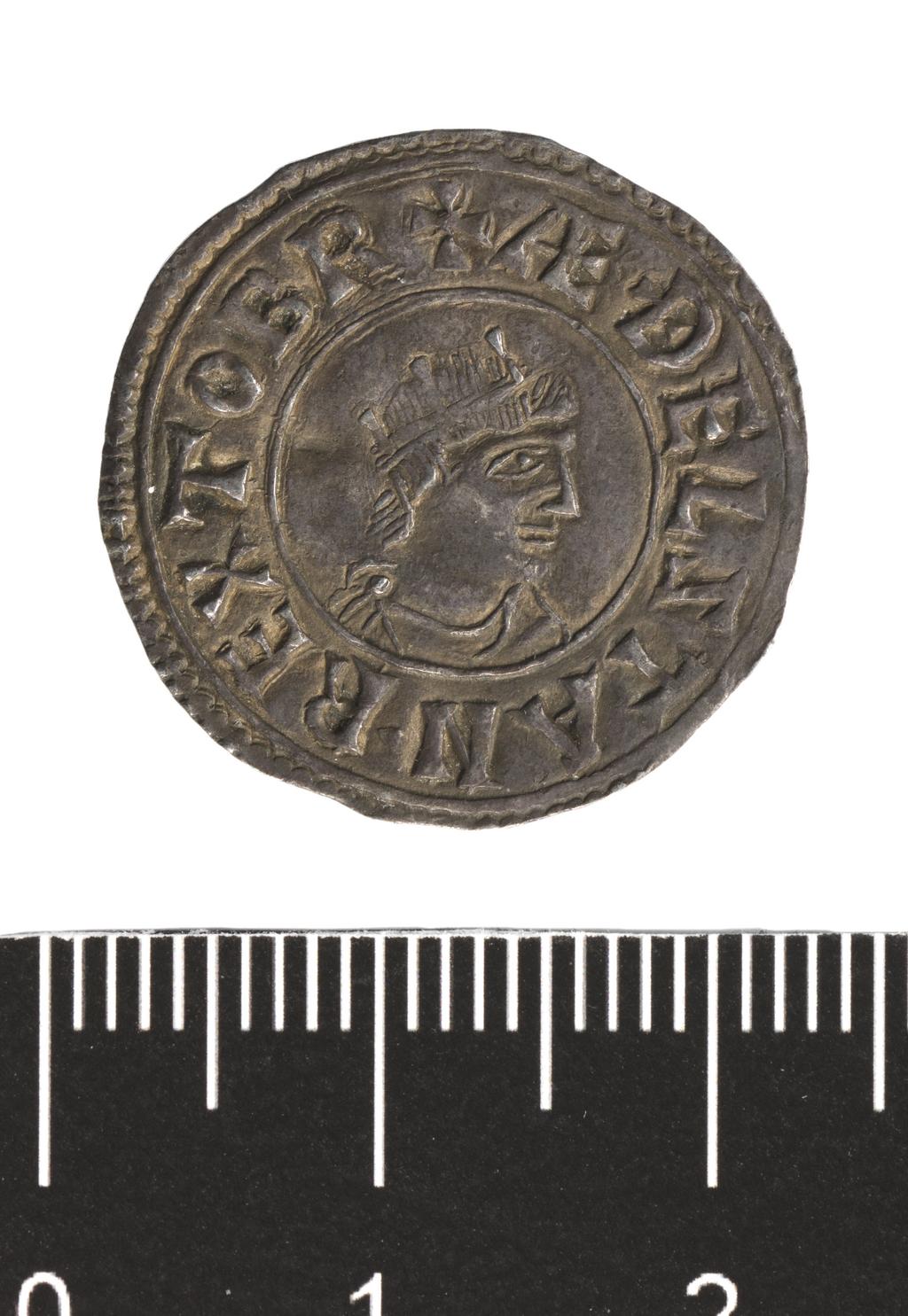 An image of Coinage. Penny, crowned bust type. Æthelstan (c.924/5-39), ruler. Otic, moneyer. Winchester mint. Obverse; +Ä5ELçTAN REX TO BR. Reverse; +OTI6 MONETA VVIÇI. Silver, struck, weight 1.57 g, diameter 21.7 mm, die axis 270° degrees, AD 924. Medieval. Anglo-Saxon.