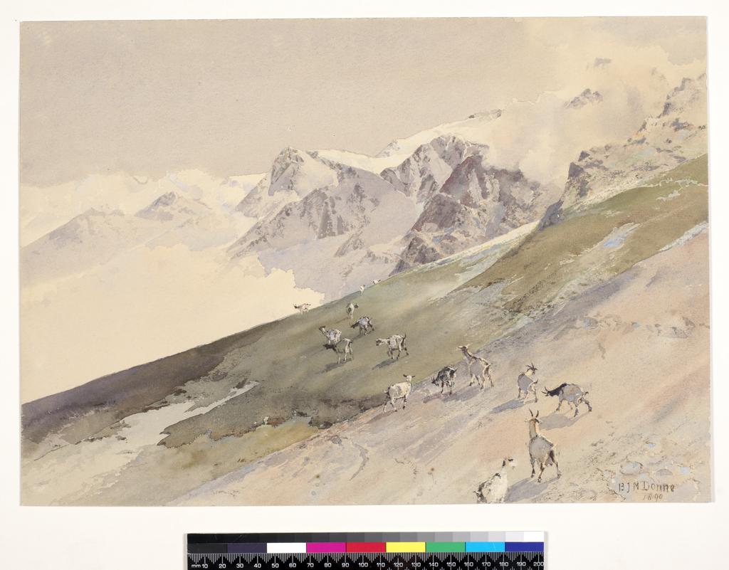 An image of 'Spring in the Alps, 1890'. Donne, B.J.M. (British). Watercolour on paper, height 277 mm, width 392 mm, 1890.