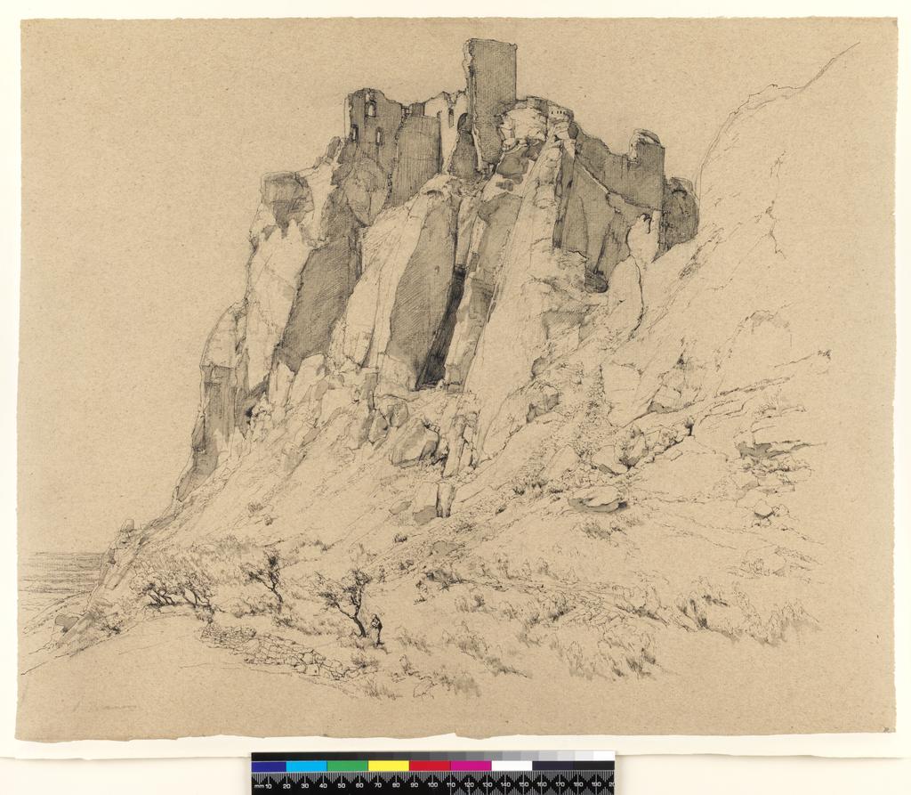 An image of The Chateau les Baux. Branson, Olive (British, 1884-1929). Pen and black ink, black chalk, grey wash on brown paper, height 390 mm, width 484 mm. Provence.