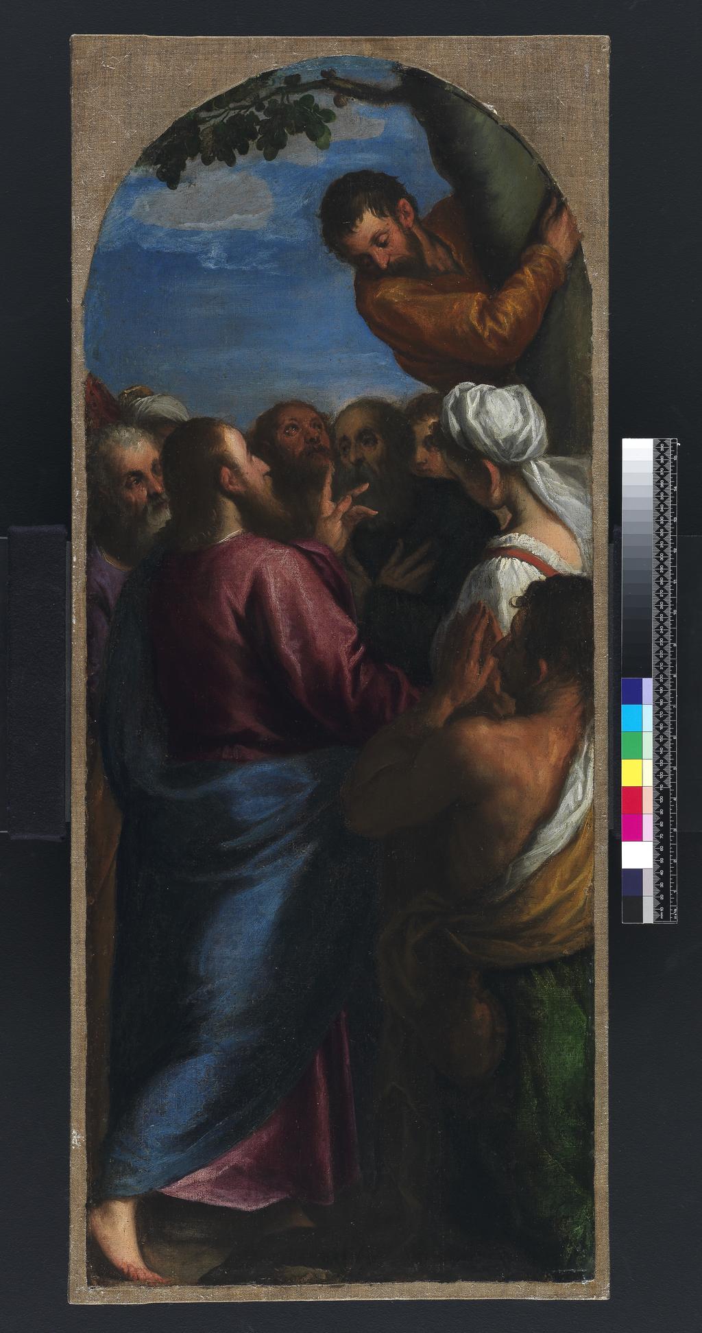 An image of Christ Calling Zacchaeus. Palma, Jacopo (called Palma il Vechio) (Italian, 1480(?)-1528). Oil on canvas, height 100.8 cm, width 41.9 cm, circa 1575. Founders Bequest.