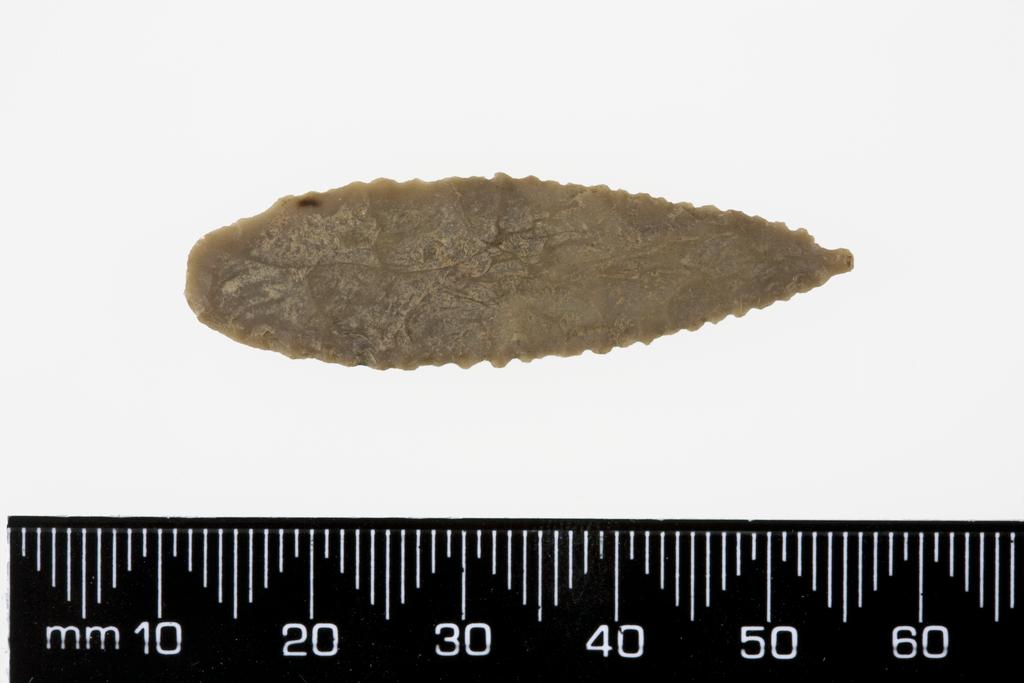 An image of Weapon. Arrowhead, Anatolian type. Find Spot: Tell Brak, Syria. Flint, length 0.046 m, c. 2300-2200 BC. Akkadian period.