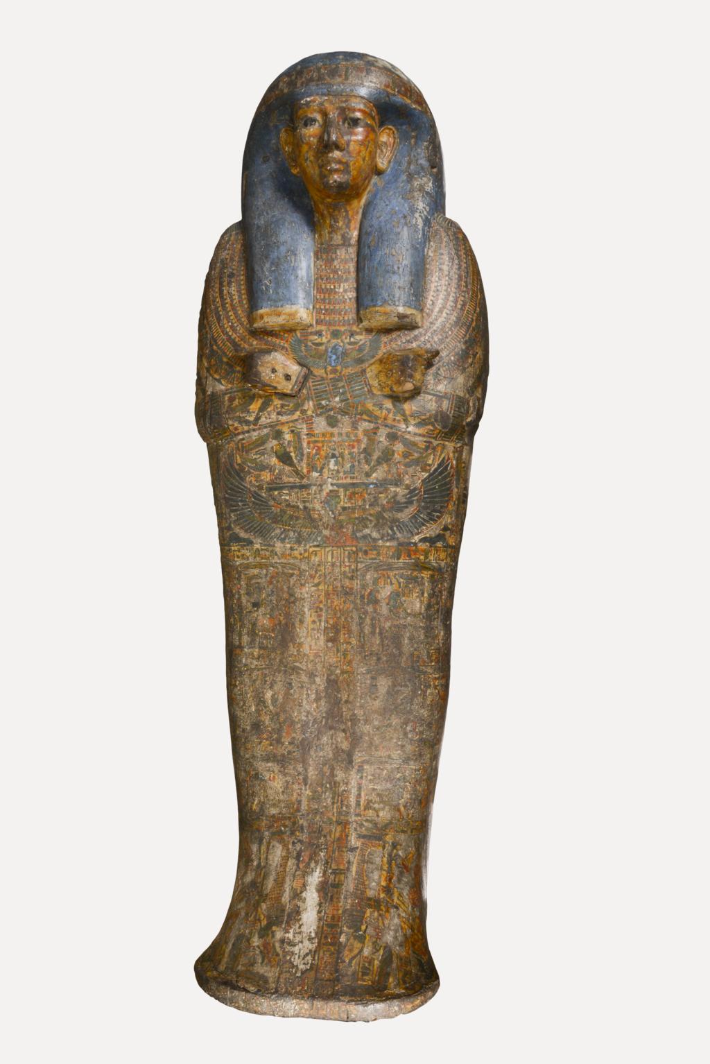 An image of Funerary equipment/ coffin. Coffins (2) and lid, of 'Chief of scribes of the temple of Amun Re, Nespawershefi'. Wood, depth, 49 cm, width 60 cm, length 206 cm, length 190 cm, length, lid, 179 cm. Production Place: Egypt. Find Spot: Thebes. Third Intermediate period, 1000 B.C.