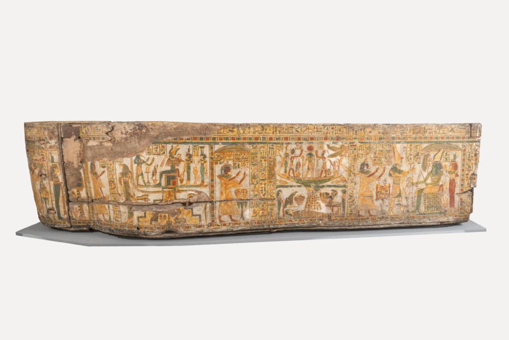 An image of Funerary equipment/ coffin. Coffins (2) and lid, of 'Chief of scribes of the temple of Amun Re, Nespawershefi'. Wood, depth, 49 cm, width 60 cm, length 206 cm, length 190 cm, length, lid, 179 cm. Production Place: Egypt. Find Spot: Thebes. Third Intermediate period, 1000 B.C.