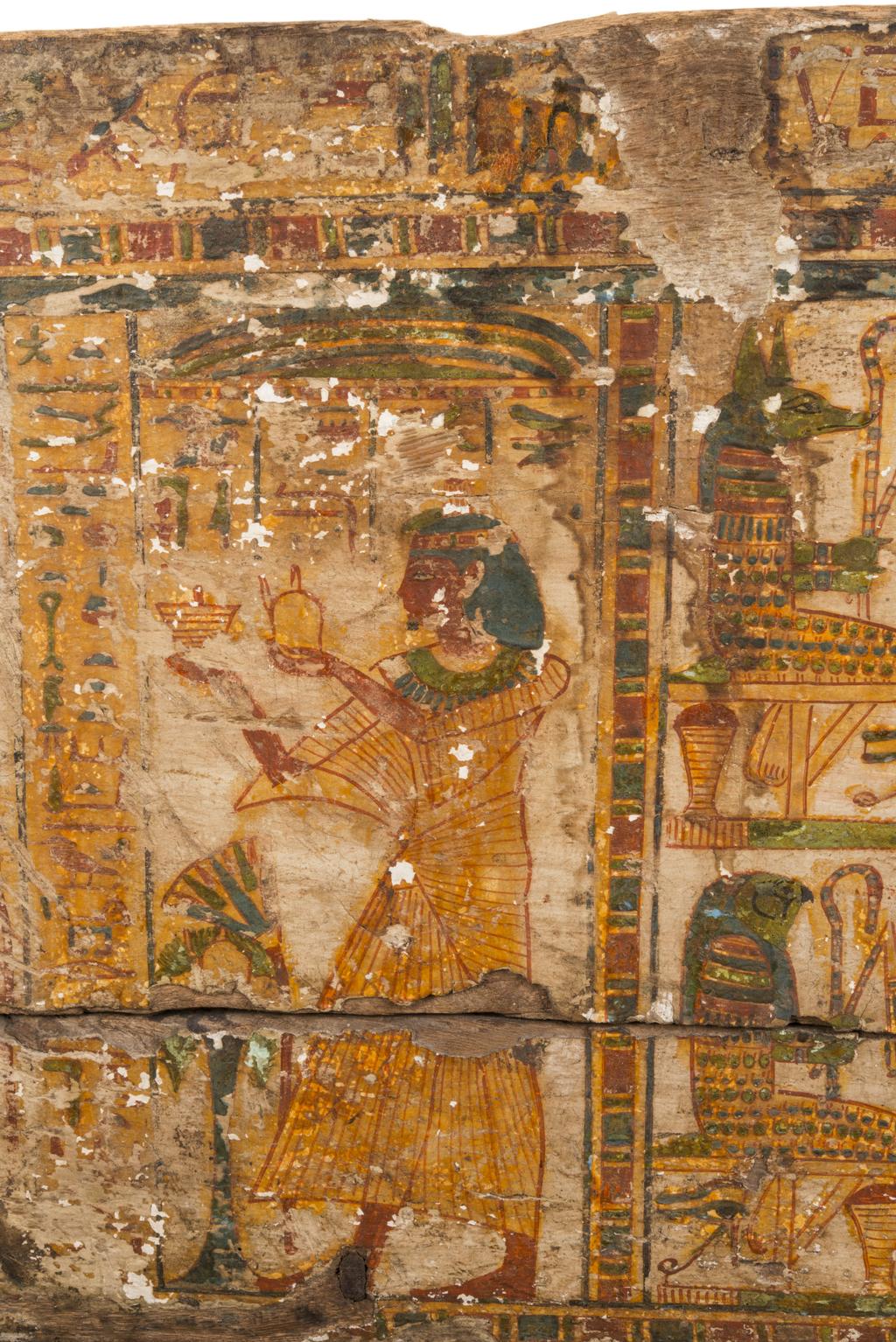 An image of Funerary equipment/ coffin. Coffins (2) and lid, of 'Chief of scribes of the temple of Amun Re, Nespawershefi'. Wood, depth, 49 cm, width 60 cm, length 206 cm, length 190 cm, length, lid, 179 cm. Production Place: Egypt. Find Spot: Thebes. Third Intermediate period, 1000 B.C.