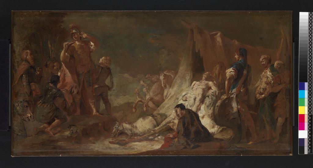 An image of The death of Darius. Piazzetta, Giovanni Battista (Italian, 1682-1754). Oil on canvas, height 40.8 cm, width 78.7 cm, before 1745. Venetian School.