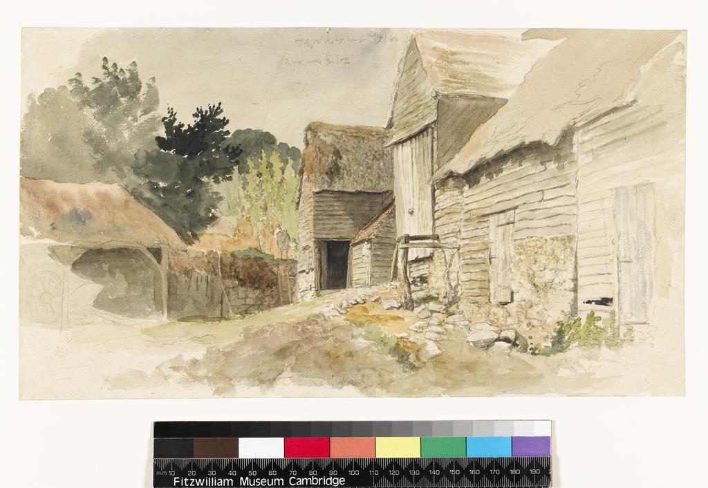 An image of Study of barns. Hills, Robert (British, 1769-1844). Graphite and watercolour on paper, height 183 mm, width 331 mm.