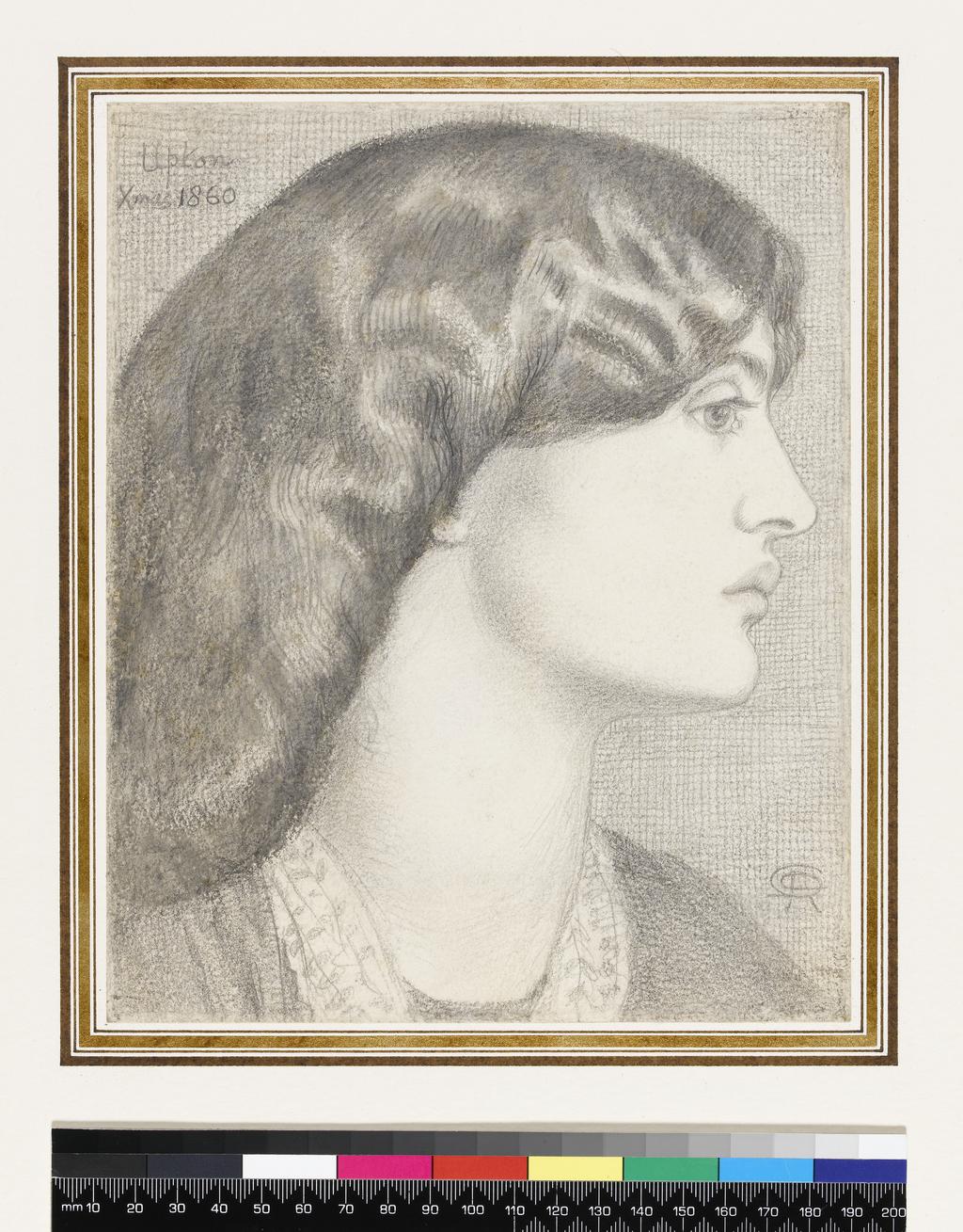An image of Mrs. William Morris. Rossetti, Dante Gabriel (British, 1828-188). Graphite on paper, height 219 mm, width 178 mm, 1860.