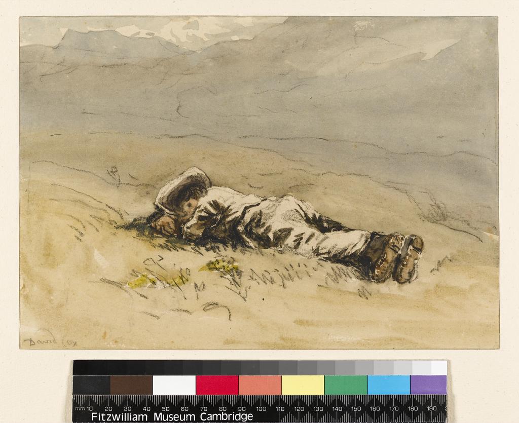 An image of Title/s: Boy lying on his face Maker/s: Cox, David, the elder (draughtsman) [ULAN info: British artist, 1783-1859] Technique Description: black chalk and watercolour on paperDimensions: height: 176 mm, width: 252 mm