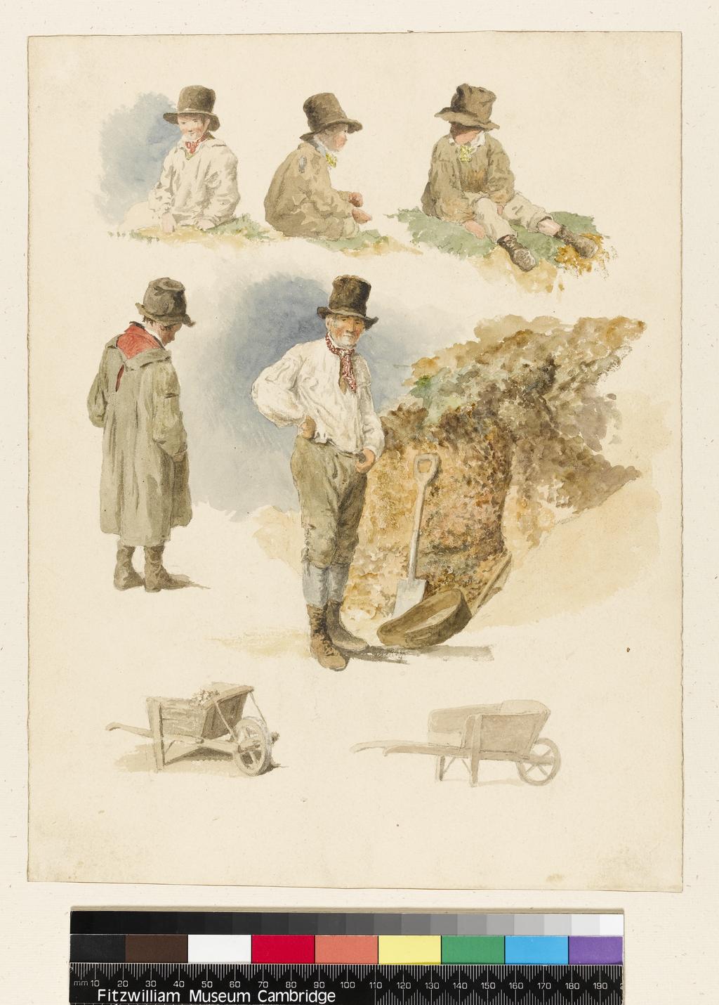 An image of Title/s: Studies of a gardener, children and wheelbarrows Maker/s: Hills, Robert (draughtsman) [ULAN info: British artist, 1769-1844]Technique Description: graphite and watercolour on paper Dimensions: height: 305 mm, width: 233 mm