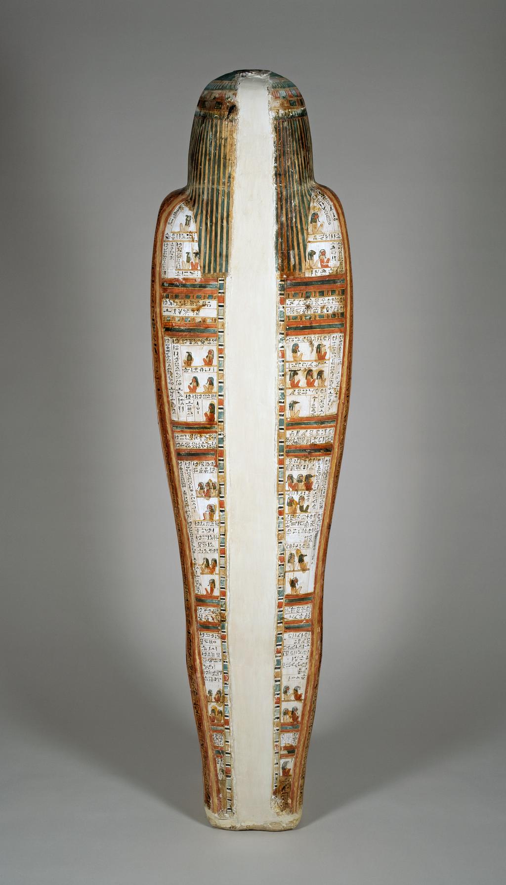 An image of Funerary equipment. Coffin, of the chief priest of Karnak, Nekht-ef-Mut. Production Place: Egypt. Find Spot: Ramesseum, Thebes, Egypt. Painted wood, depth 0.33 m, height 1.775 m, width 0.44 m, 924 to 889 B.C. Twenty-second Dynasty. Third Intermediate Period.