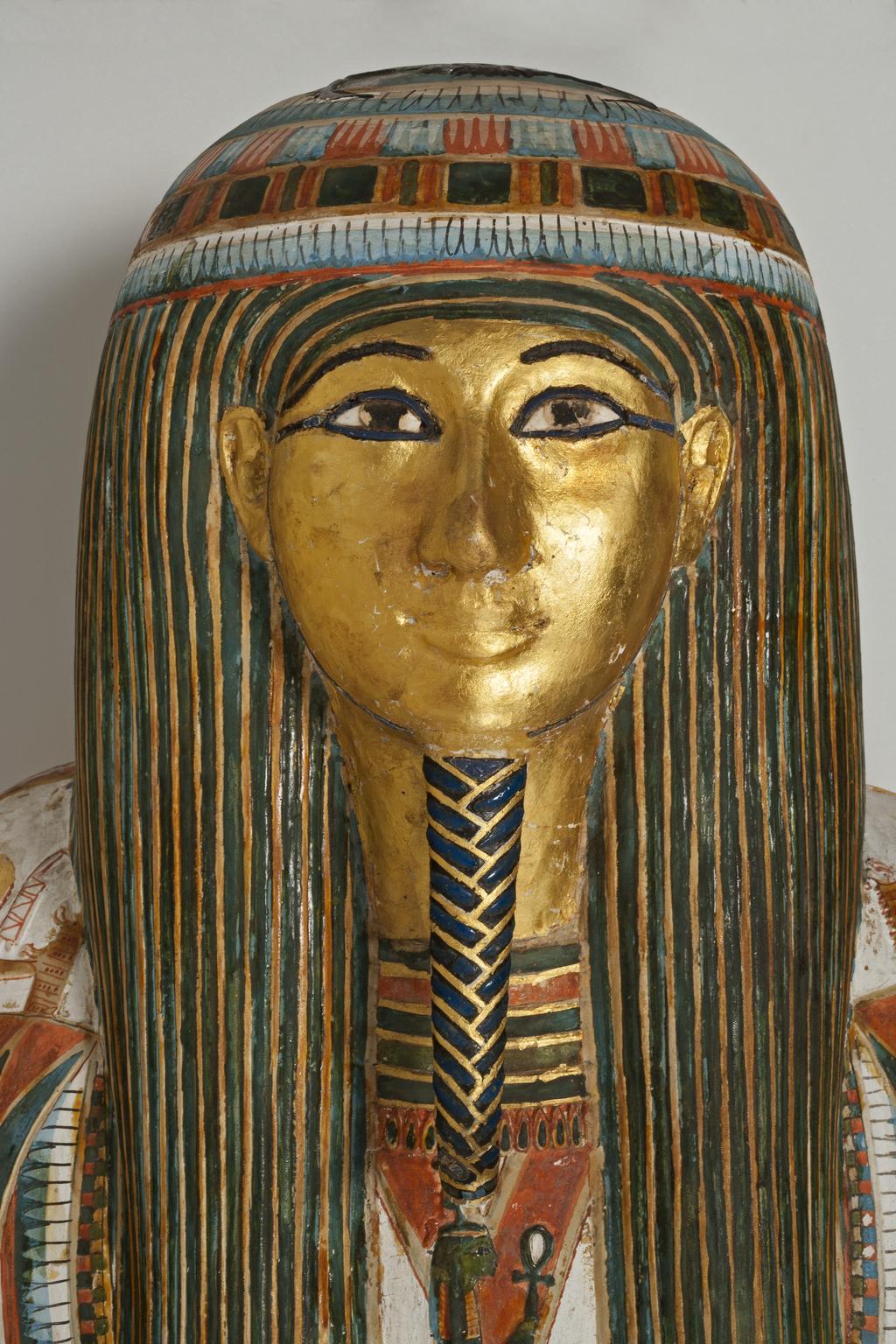 An image of Funerary equipment. Coffin, of the chief priest of Karnak, Nekht-ef-Mut. Production Place: Egypt. Find Spot: Ramesseum, Thebes, Egypt. Painted wood, depth 0.33 m, height 1.775 m, width 0.44 m, 924 to 889 B.C. Twenty-second Dynasty. Third Intermediate Period.