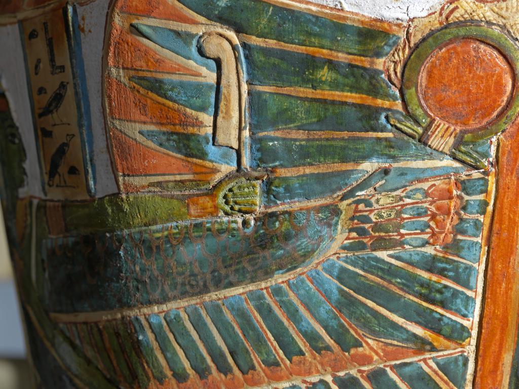 An image of Funerary equipment. Coffin, of the chief priest of Karnak, Nekht-ef-Mut. Production Place: Egypt. Find Spot: Ramesseum, Thebes, Egypt. Painted wood, depth 0.33 m, height 1.775 m, width 0.44 m, 924 to 889 B.C. Twenty-second Dynasty. Third Intermediate Period.